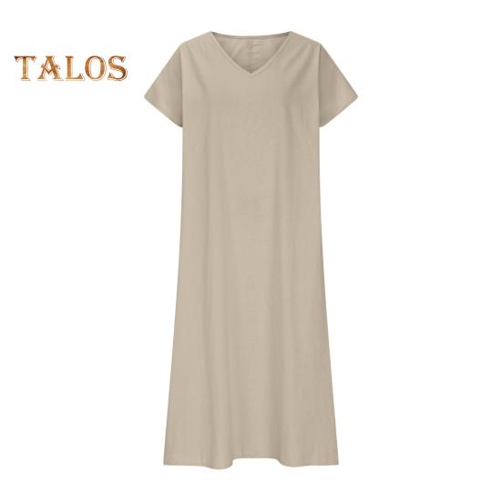 Damekjole i bomull og lin, avslappet, kortermet, v-hals, lang kjole, sommer, strand, ferie, swing, sommerkjole