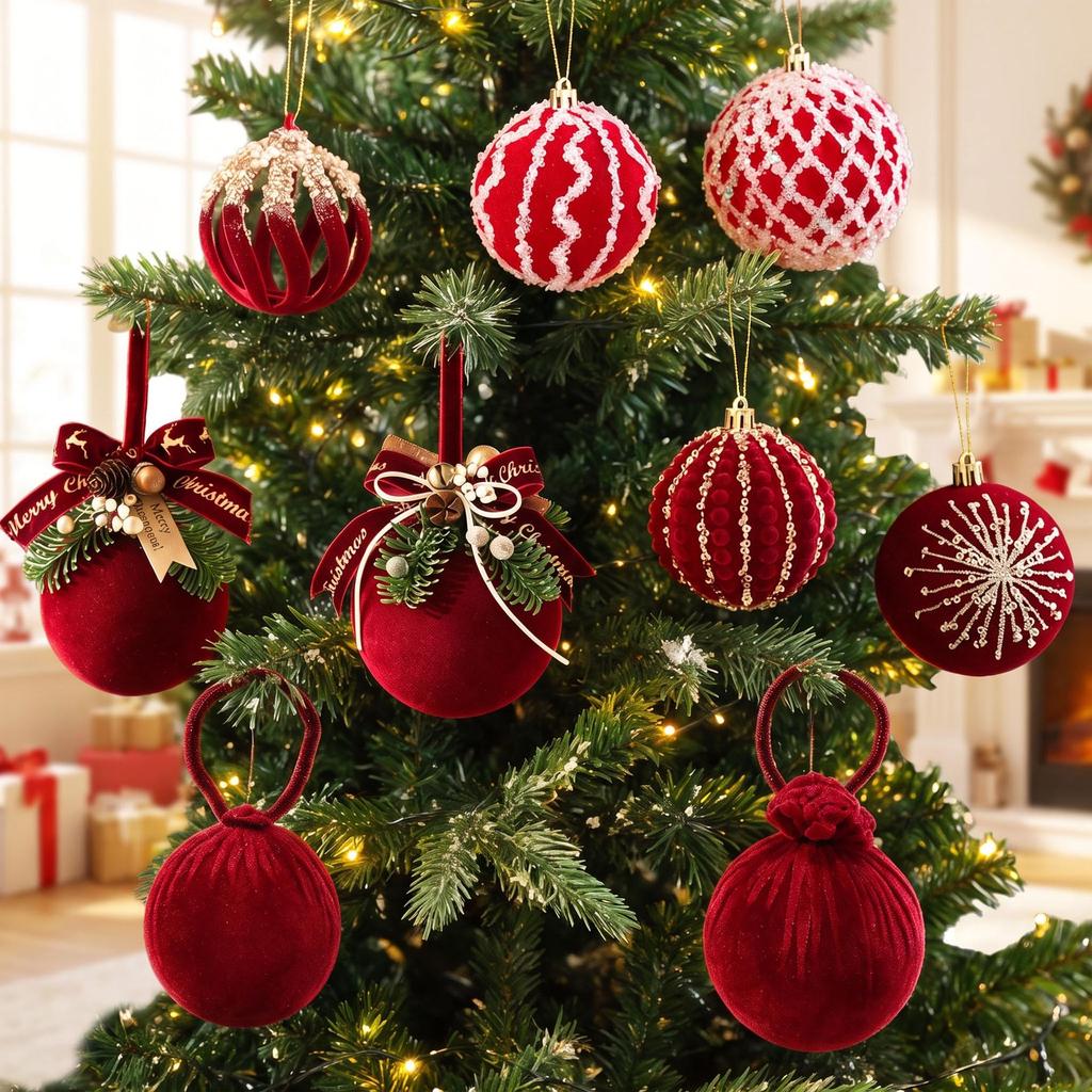 Red Flocked Fabric Christmas Tree Ornament Ball