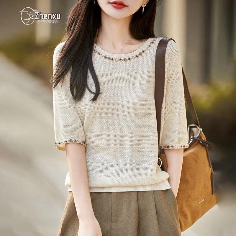 Women s Beaded Tencel Linen Knit T-shirt XL