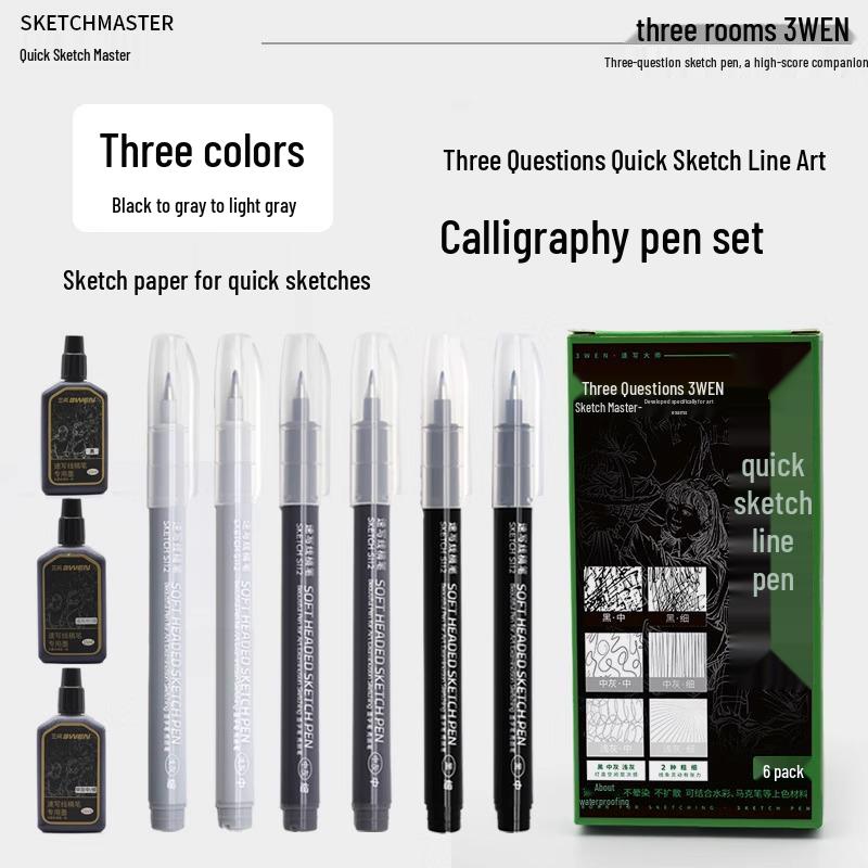 Refillable Quick Sketch Pen Set: Fine, Small, Regular, Large Gray Brush Pens for Art Line Drawing