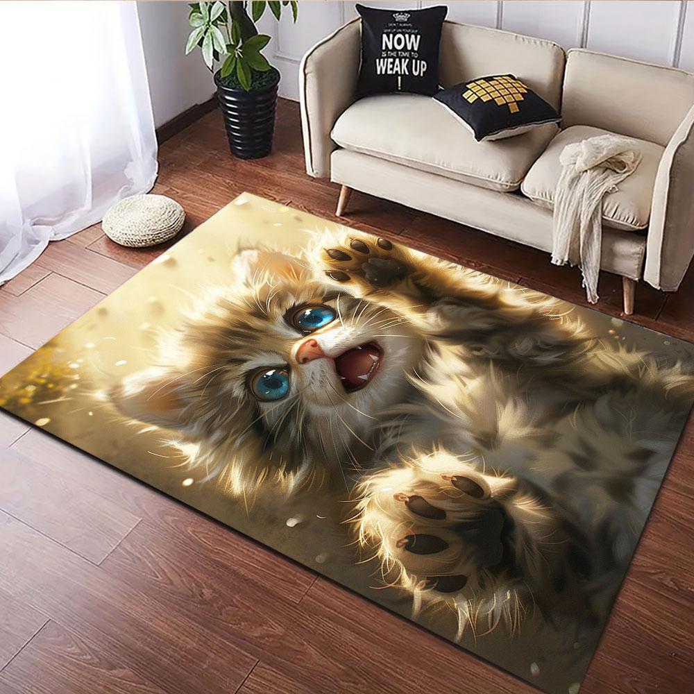Fluffy Kitten with Bright Blue Eyes Patterned carpet, suitable as a non slip play mat for the living room and bedroom sofa