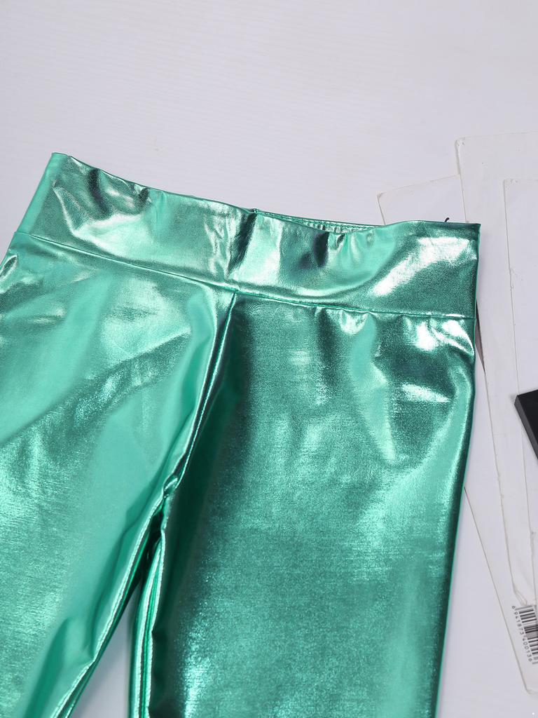 Girls High Waist Bell Bottom Pants Elastic Waistband Ruffle Hem Bronzing Cloth Long Pants
