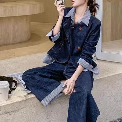 Conjunto de Denim Falso de Dos Piezas Estilo Nuevo 2026 para Mujer Petite - Atuendo Coreano de Primavera con Pantalones de Pierna Ancha