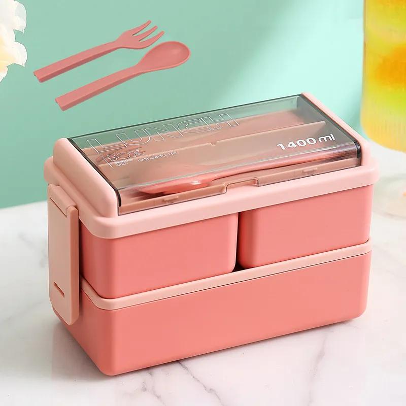 Double Layer Portable Lunch Box For Kids With Fork and Spoon Microwave Bento Boxes Dinnerware Set Food Storage Container YFA2052