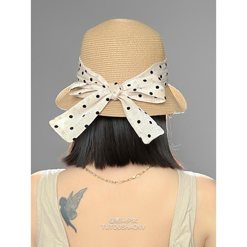 Polka dot foreign style fashionable sunshade straw hat children summer French elegant seaside vacation sunscreen bucket hat