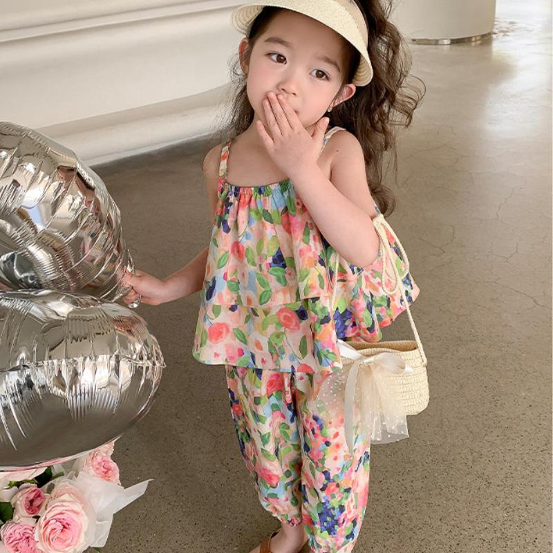 Kinder Kleidung Floral Ärmellose Hosenträger Lose Tops + Geerntete Hose Kinder Atmungsaktive Sport Casaul Outfit Zwei Stücke Set