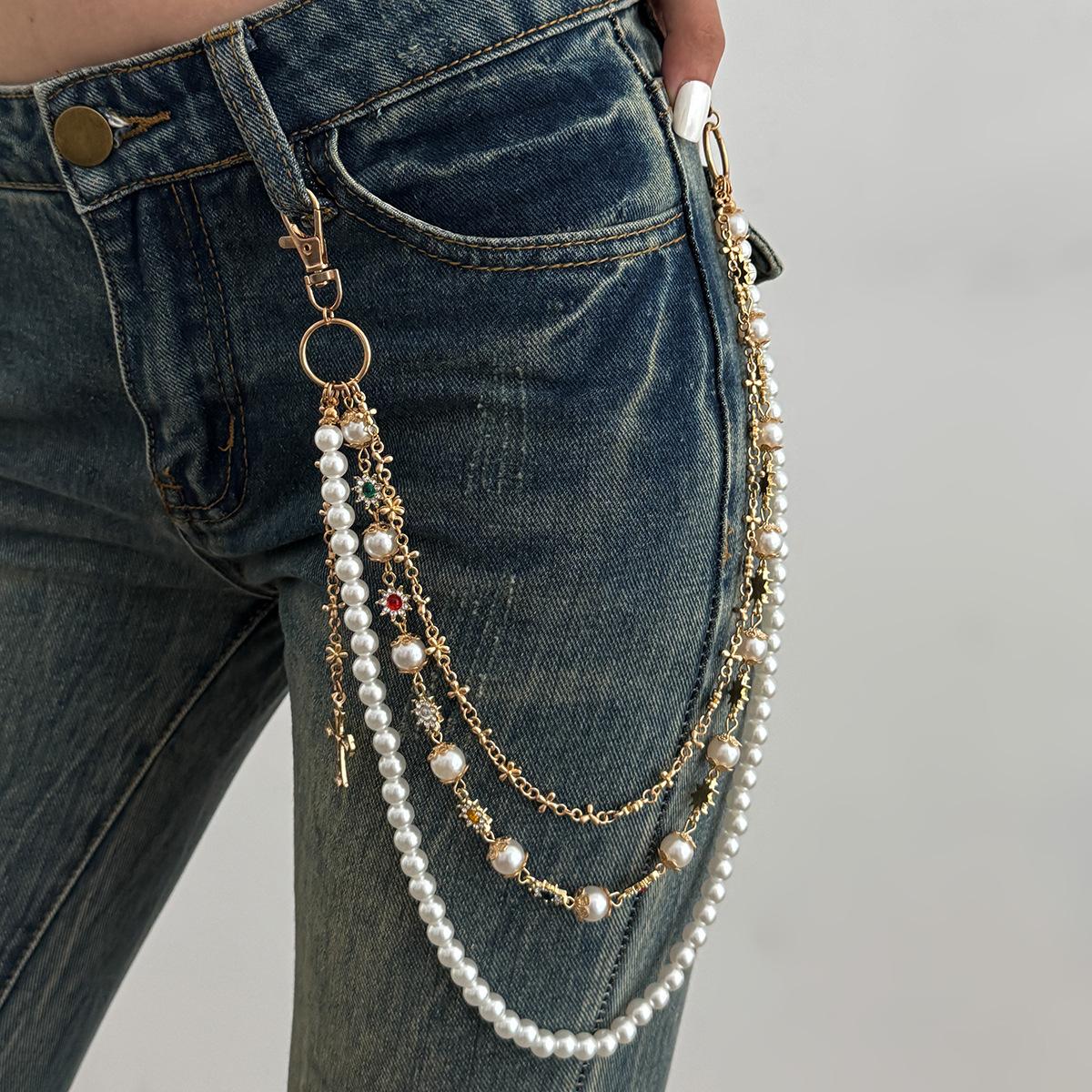 Hip-Hop Diamond-Encrusted Cross Pendant Waist Chain, Sweet And Cool Imitation Pearl Flower Chain Trouser Chain Pendant.