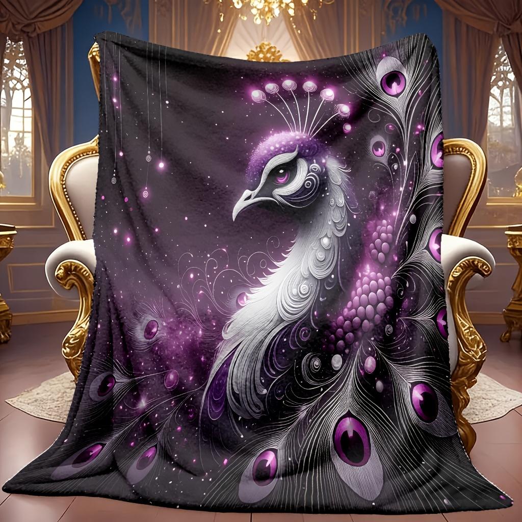 A Cozy Purple Peacock-Themed Fleece Blanket with Soft High-Definition Digital Printing, Suitable for Year-Round Use! Made from 100% Breathable Polyest