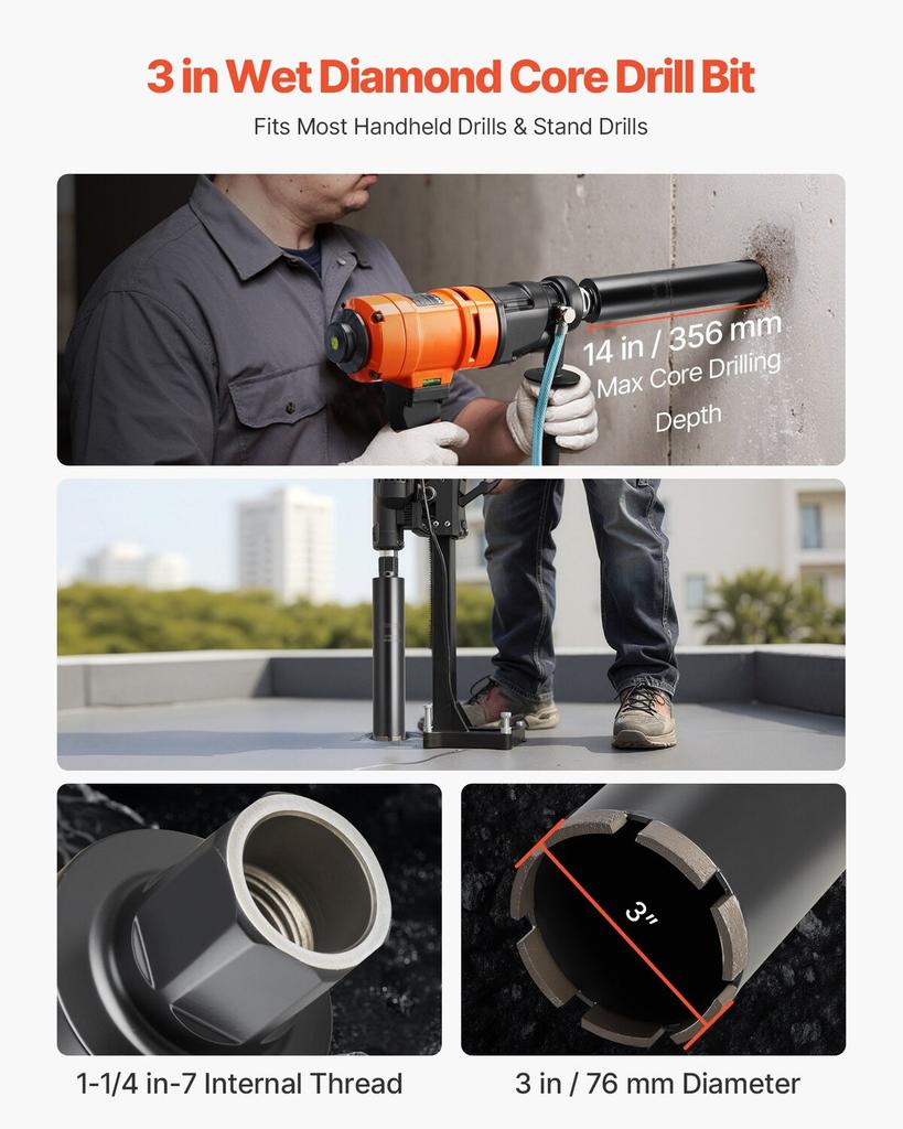 Core Drill Bit, 76 mm Diameter, 356 mm Drilling Depth, 1-1/4 in-7 Internal Thread, High-Precision Welding Technology, Wet Diamond Core Bit for