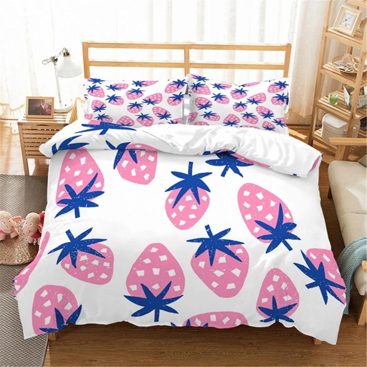 

Strawbery Soft with Soft Fabric Duvet Cover Set Carton Pink Fruit Print Warm Comforter Cover Set for Boy Girl Ten Swet Strawbery Rom Decor Beding 120*200cm Single