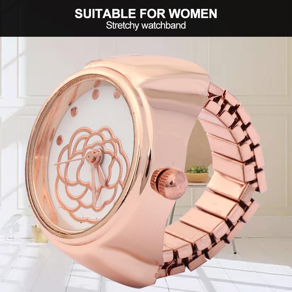 Finger Ring Watch Round Dial Rose Flower Pattern Women Finger Quartz WatchRose Gold