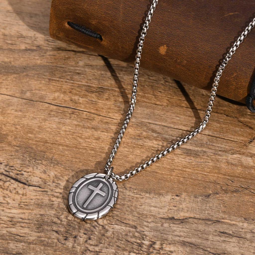 Men's Retro Silver Color Stainless Steel Cross Pendant Necklaces,New Punk Religious Faith Collar Gifts To Him Jewelry