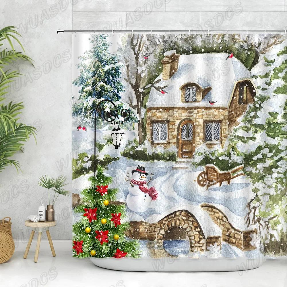 Christmas Shower Curtain Sets Vintage Red Truck Xmas Ball Pine Tree Snowman Winter New Year Gift Bathroom Decor Bath Curtains