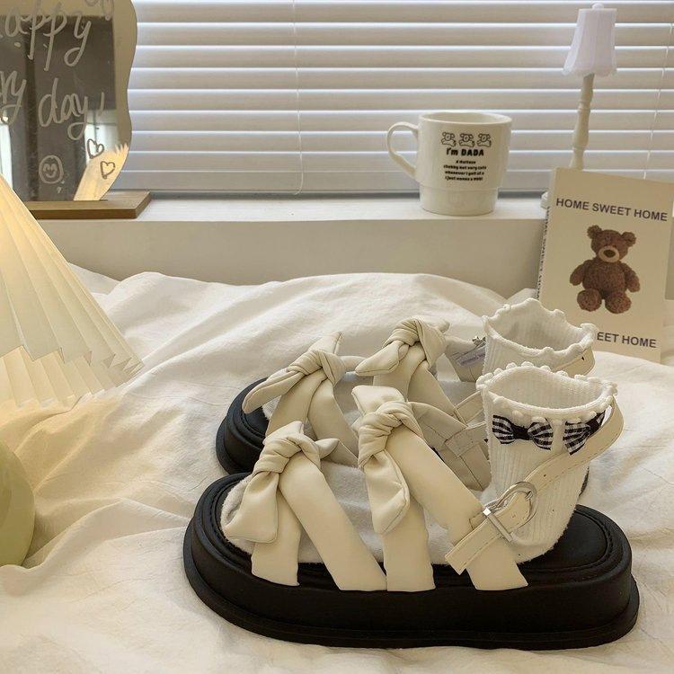 

Bow platform sandals women s summer 2025 new retro student wear Korean version of versatile fashion with skirt 40