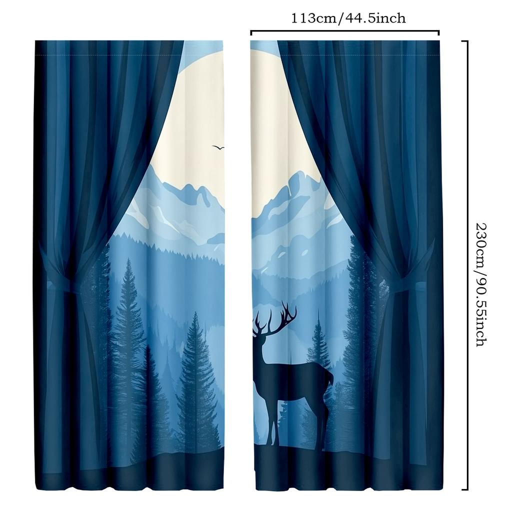 2pcs Classic Blue Deer and Mountain Design Curtains - Polyester   Nature-Inspired Decor for Bedroom & Living Room with Pine Trees