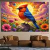 2D Fantasy Bird Art Tapestry, Colorful Bird on a Rock in a Flower Field with Nebula Clouds