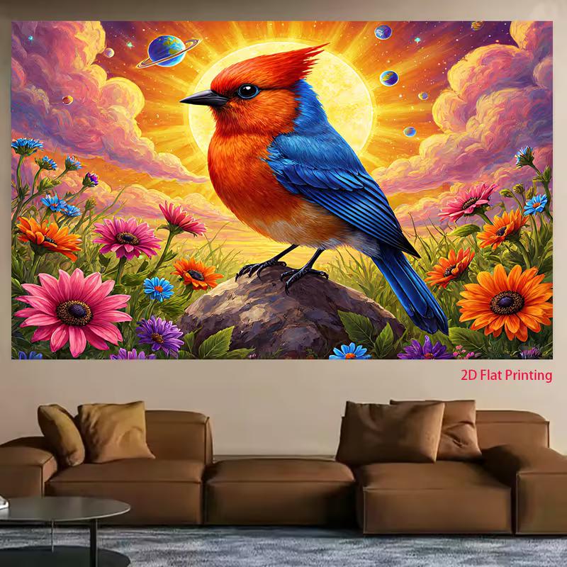 2D Fantasy Bird Art Tapestry, Colorful Bird on a Rock in a Flower Field with Nebula Clouds