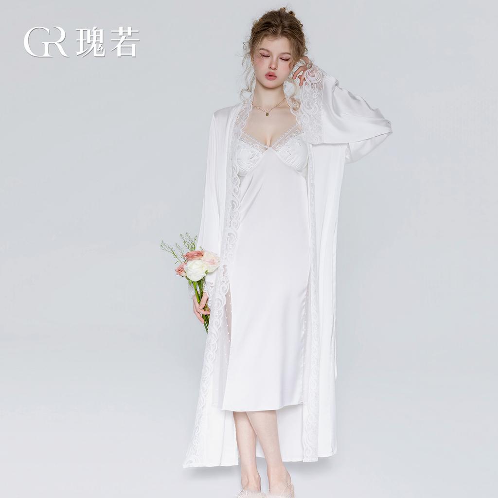 Women's Satin Lace Sheer Mesh Padded Long Cami Sleep Dress with Robe Lounge Set