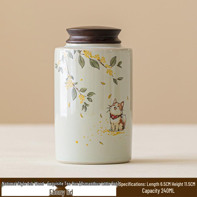 Osmanthus Kitten Exquisite Ash Wood Ceramic Tea Storage Can