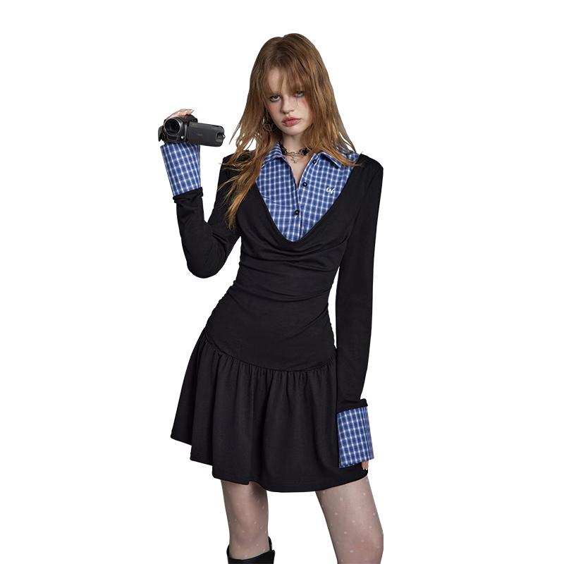 

UNIFREE Preppy Color-Block Faux Two-Piece Plaid Dress S