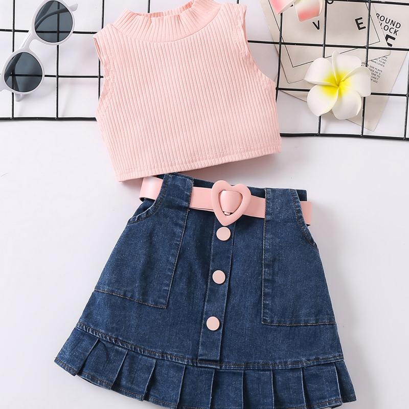 Girls' Fashion Set, Summer Children's Casual Solid-color Sleeveless Top, Denim Pleated Skirt Set, Belt