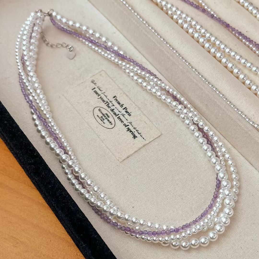Vintage Natural Amethyst High-Gloss Artificial Crystal Pearl Multi-Layer Vintage Necklace Collarbone Chain