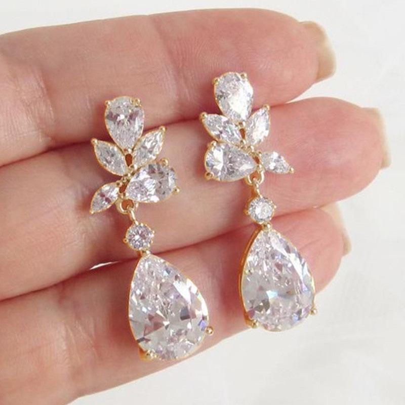 Huaya Sweet Pear-Shaped Teardrop Zircon Bridal Earrings for Weddings and Parties.