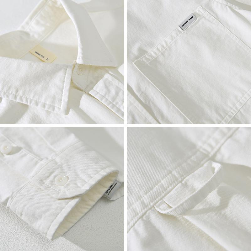 Japanese Style Workwear Man Shirts Spring and Summer Long Sleeve White Shirt Pure Cotton Men's Casual Shirt Double Pockets Loose Top
