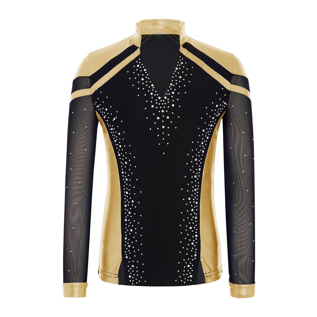 Boys V Neck Long Sleeve Shiny Metallic Color Block Figure Skating Top