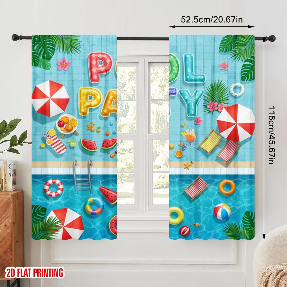 2 Stück 2D Flachdruck Fenstervorhänge Poolparty Sommer Spaßzeit 100% Polyester Ohne Strom Feiertagsdekorationen Verwendung für