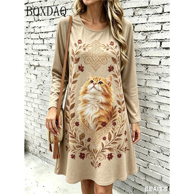 New Fashion Cute Cat Pattern Women Dresses Autumn Long Sleeve Street Ladies Dress Casual Loose Home A-Line Dress