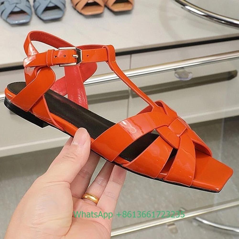 Fashion Women Cross Straps Square Toe Flat with Sandals Solid Color Open Toe Real Patent Leather Flat Sandales 2025 Newest Summer Sandal