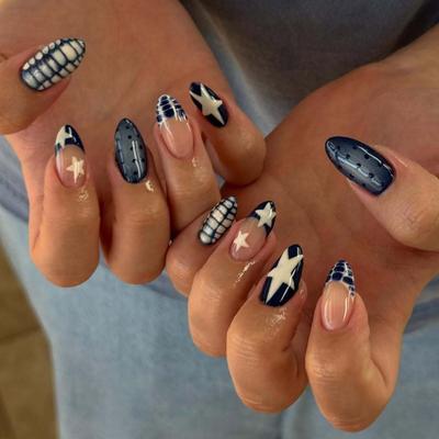 24PCS Navy Blue Star Press On Nails Almond Shape with Polka Dot Fake Nails Tortoiseshell French Tip Design False Nails with Charm