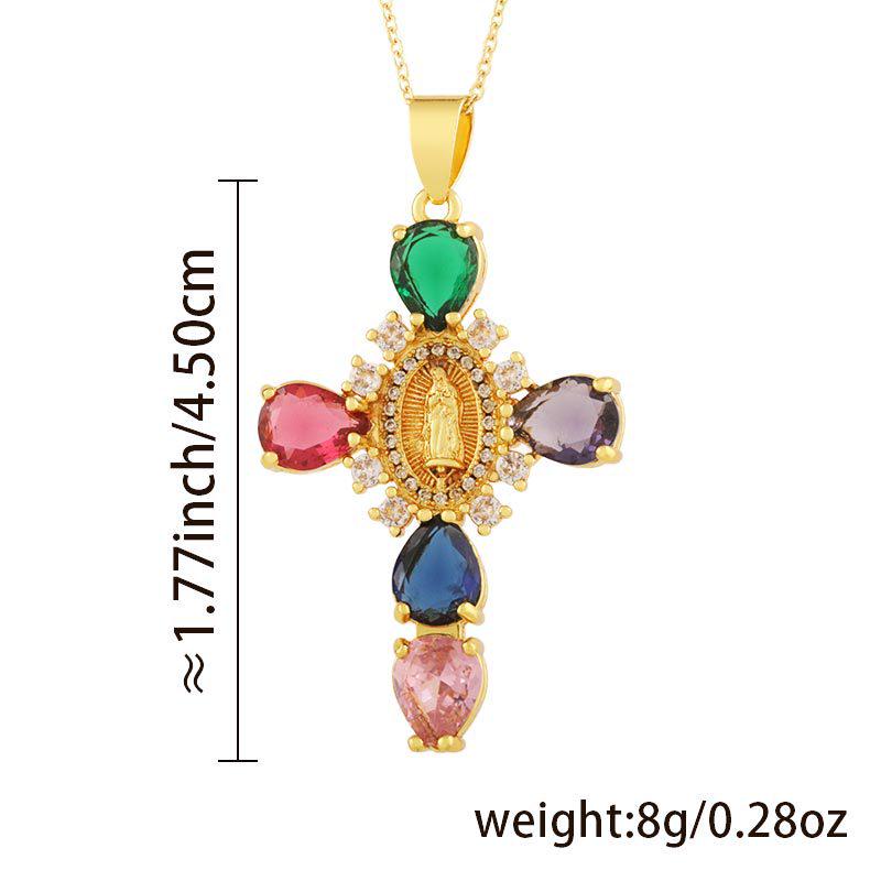 Copper Plated 18K Gold Cross Pendant Necklace with Multi-color Zircon Embellishments