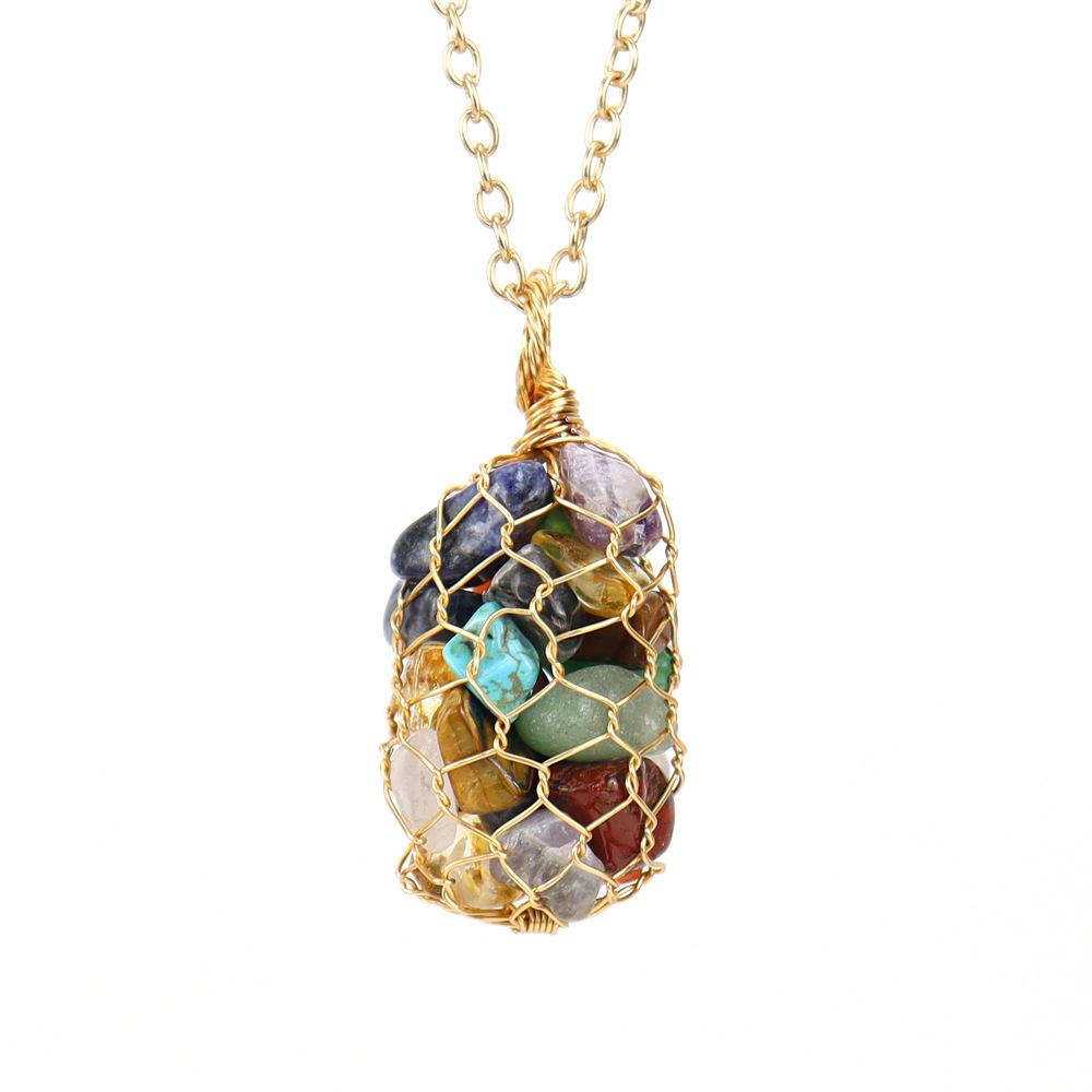Natural Colorful Crystal Gravel Amethyst Copper Wire Hand-Woven Mesh Pocket Pendant Necklace N657