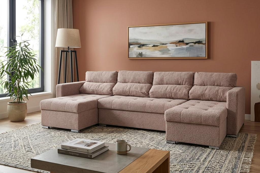 Großes Schlafsofa in U-Form Varius BIG mit Schlaffunktion, 3 Bettkästen, Bouclé-Struktur, Family Meble