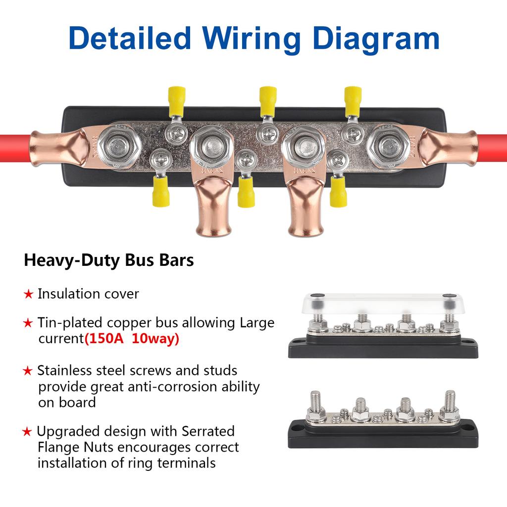 Bus Bar Battery Power 150A 12V-48V M8 SET Distribution Terminal Block Post Stud Black For Truck RV Yacht Car Camper Accessories