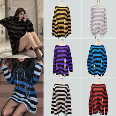 New Punk Gothic Long Unisex Sweater Summer Women Striped Cool Hollow Out Hole Broken Jumper Loose Rock Thin Dark Streetwear Top