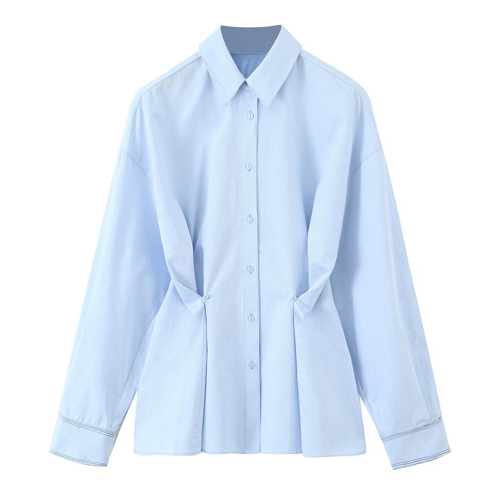 

2025 Spring Women s Slimming Oxford Shirt with Buttoned Waist Decoration Medium светло-синий
