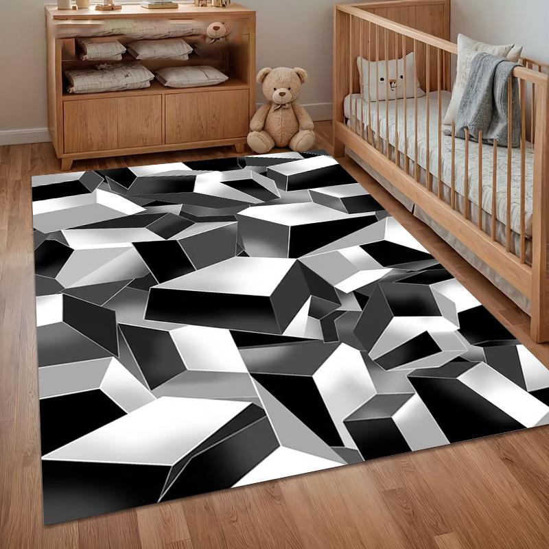 3D Geometric Cube Black White Area Rug Non Slip Wear Resistant Washable Entryway Floor Mat for Living Room Bedroom Modern Decor
