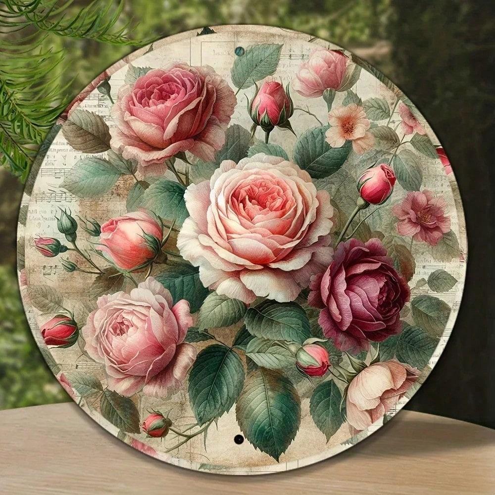 Vintage Floral Tin Sign 7.87 Inch Round Metal Wall Art, Retro Home Decor for Cafe Garage, Unique Party Gift