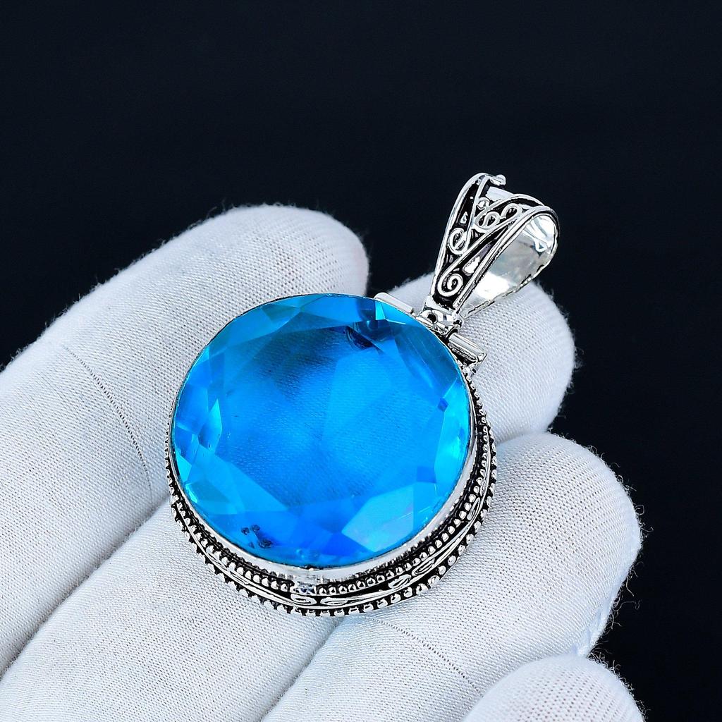 Blue Topaz Pendant, 925 Sterling Silver Handmade Jewelry, Blue Topaz Silver Pendant, Party Wear Jewelry For Women's, Pendant Valentine's Day Gift