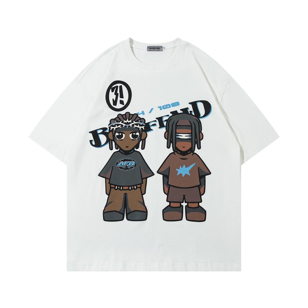 Cartoon Anime Printed T-shirt Short Sleeved Men's Summer Loose Casual Pure Cotton Double Yarn Half Sleeved T-shirt Top Instagram Trend