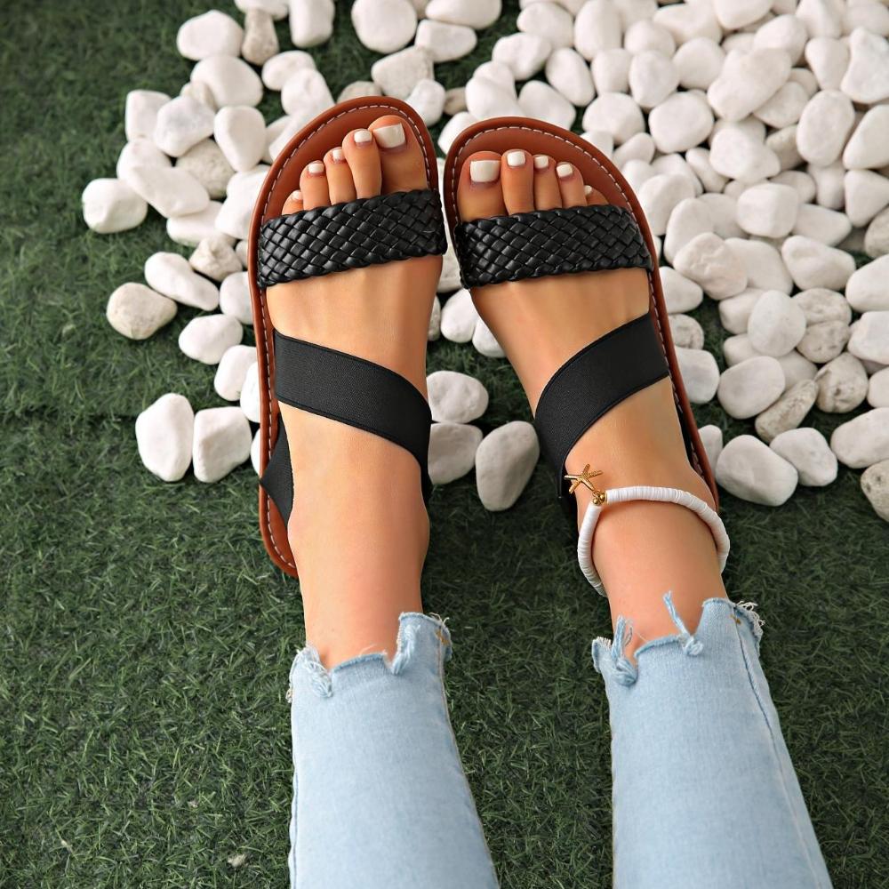 Fashion Summer Ladies Outdoor Sandals Fashion Round Headed Solid Color Weave Flat Shoes Casual Comfortable Women's Sandal