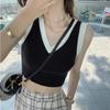 Summer New American Retro College Style Color Contrast Sweet and Spicy Short V-neck with A Small Vest Top with Halter