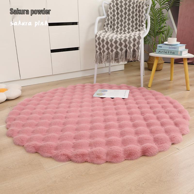 Cream Round Faux Rabbit Fur Rug - Plush Bubble Fleece Floor Mat for Bedroom or Bay Window