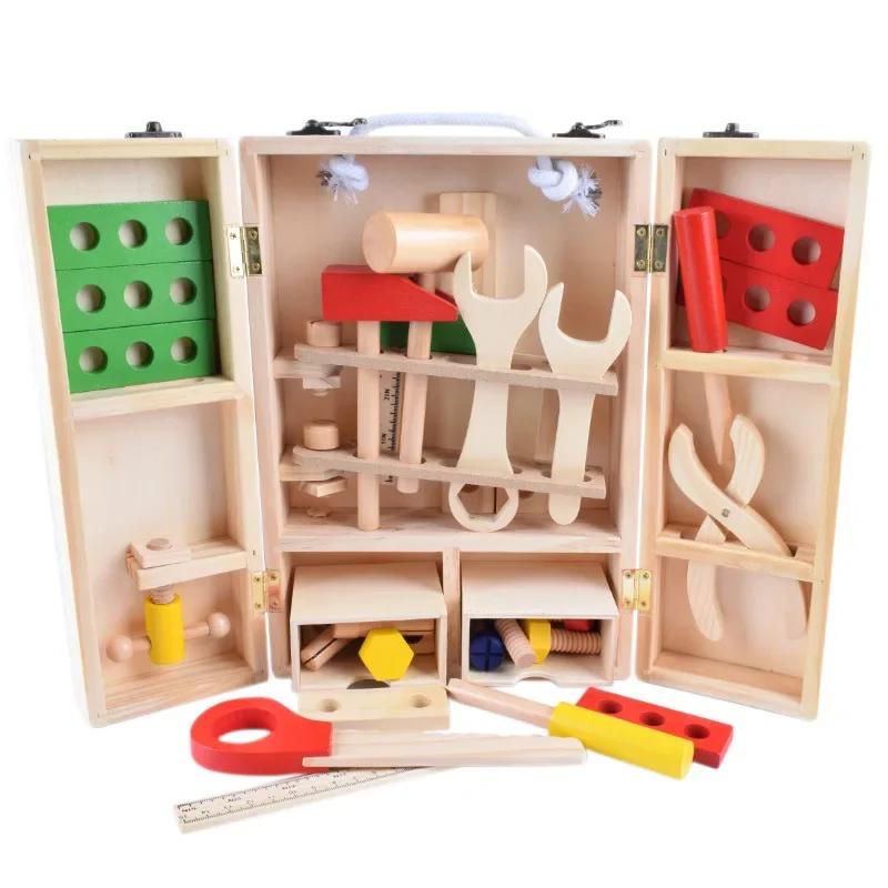 non-toxic Educational Montessori Kids Toys Plastic Wooden Toolbox Pretend Play Children Nut Screw Assembly Simulation Carpenter Tool Toys