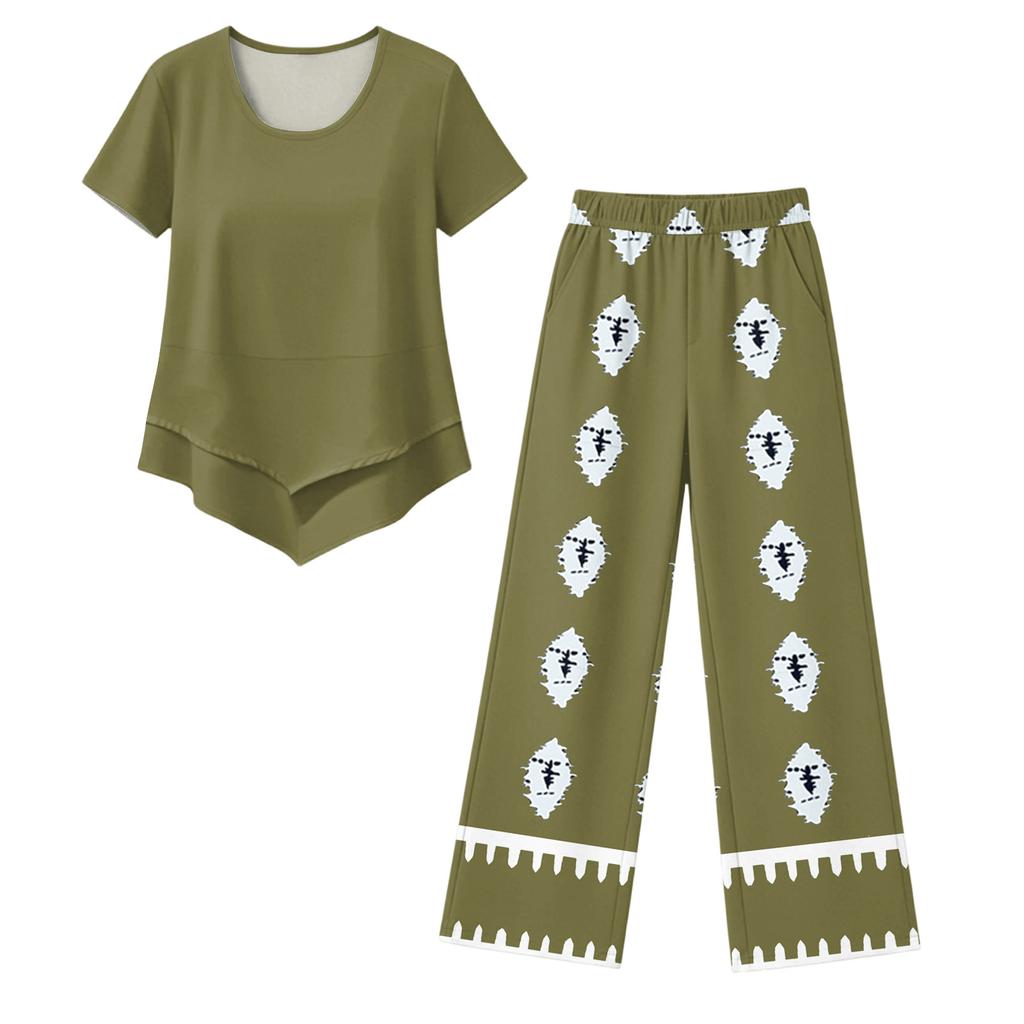 Women Casual Fashion Round Neck Printed Short Sleeve T Shirt and Capri Pants Set Lightweight Comfortable Summer Outfit
