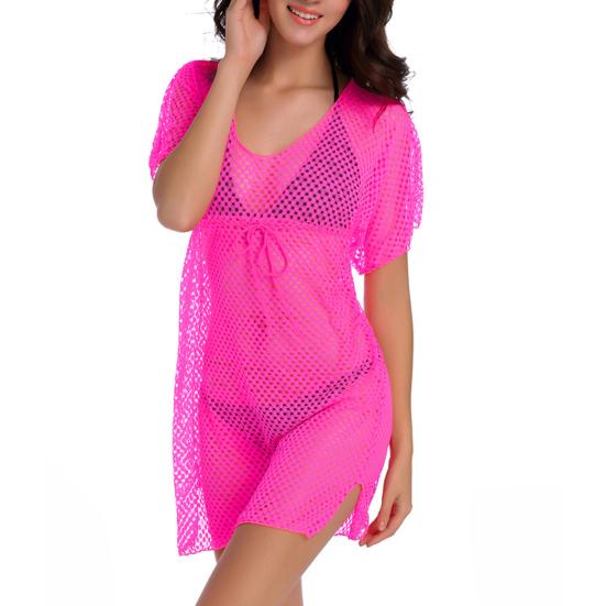Cover Up Drawstring Mesh Breathable Short Sleeve Fabric Swimsuit Side Slit Design S