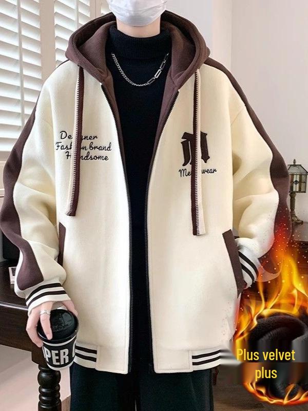 Teen Boys' Trendy Velvet-Style Baseball Jacket Hoodie